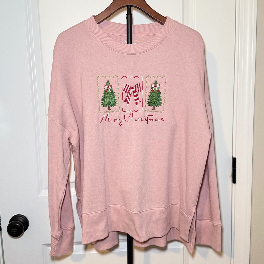 Time and Tru Pink Merry Christmas Embroidered Sweatshirt XXL